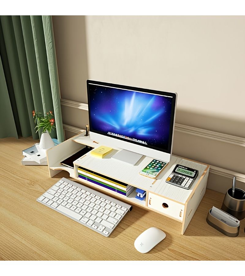 Two Tier Wooden Monitor Riser with Drawers for Laptops Keyboards and Office Supplies - Image 3