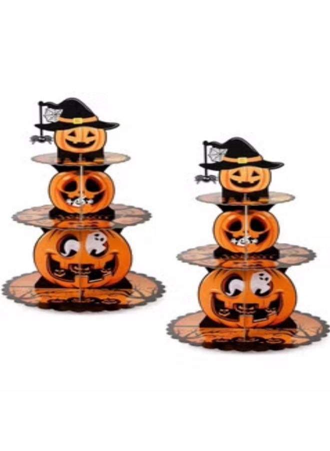 2-Piece Party Cupcake Stand Decoration, 3 Tier Disposable Cardboard Cupcake Holder Pumpkin Witch Cupcake Tower - Image 1