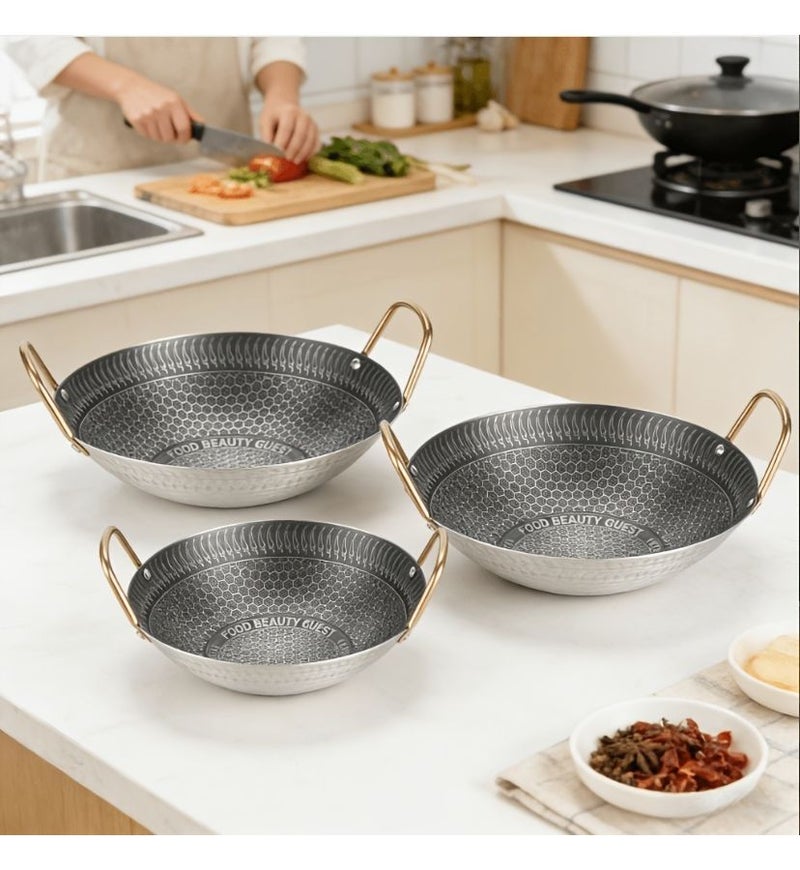 Three Piece Honeycomb Stainless Steel Wok Set Nonstick Cookware Heavy Duty - Image 2