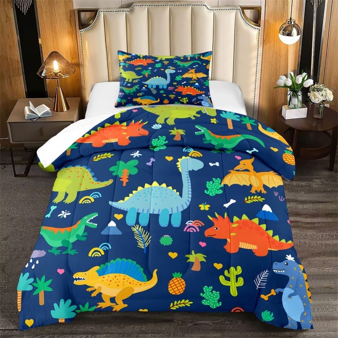 CARTOON DINOSAUR COMFORTER SET FOR KIDS DARK BLUE DINOSAURS TWIN COMFORTER SET FOR BOYS DINOSAUR KIDS BEDDING SET SOFT BREATHABLE DINOSAURS QUILT WITH 1 PILLOWCASE FOR ALLSEASON TWIN SIZE