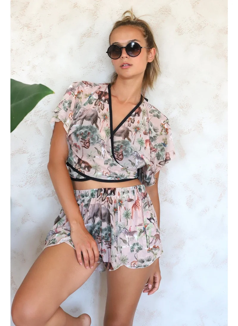 Hamur Dough Summer Beach Shorts Pareo Swim Shorts Closed Front Slit Elastic Chiffon Tulle Fabric Woods Beige