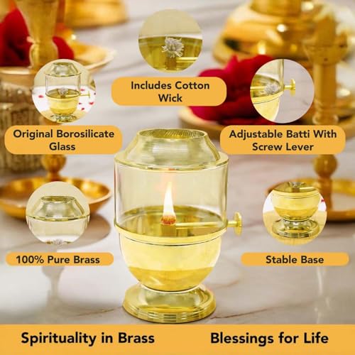 Ekhasa Pure Brass Akhand Jyot Diya with Adjustable Bati Knob, Wick Lifting Screw Lever, Glass Cover (Medium Size, 150 ml Oil Capacity, Stay Lit for 24 Hours, Wick Included, Authentic Borosilicate) - Image 3