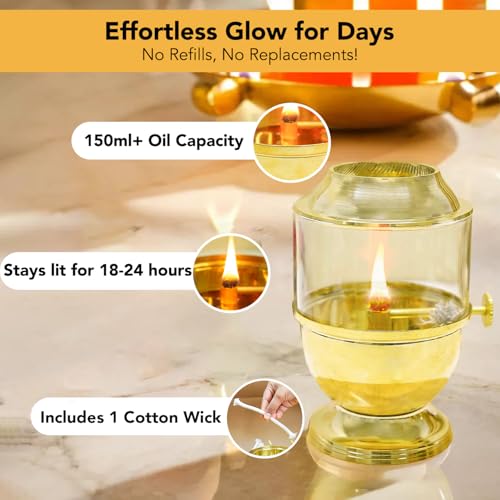 Ekhasa Pure Brass Akhand Jyot Diya with Adjustable Bati Knob, Wick Lifting Screw Lever, Glass Cover (Medium Size, 150 ml Oil Capacity, Stay Lit for 24 Hours, Wick Included, Authentic Borosilicate) - Image 5