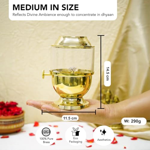 Ekhasa Pure Brass Akhand Jyot Diya with Adjustable Bati Knob, Wick Lifting Screw Lever, Glass Cover (Medium Size, 150 ml Oil Capacity, Stay Lit for 24 Hours, Wick Included, Authentic Borosilicate) - Image 2