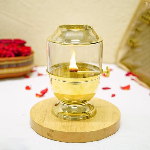 Ekhasa Pure Brass Akhand Jyot Diya with Adjustable Bati Knob, Wick Lifting Screw Lever, Glass Cover (Medium Size, 150 ml Oil Capacity, Stay Lit for 24 Hours, Wick Included, Authentic Borosilicate) - Image 1