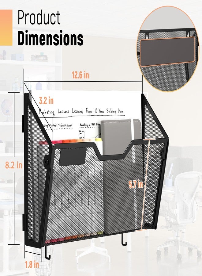 Docnest 3 Pack Magnetic Wall Mounted File Holders,Mesh Letter Organizer with Hooks, Magnetic Hanging Mail Paper Document Organizer for Office, Home, School, Black - Image 2