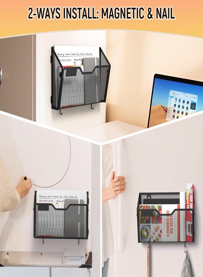 Docnest 3 Pack Magnetic Wall Mounted File Holders,Mesh Letter Organizer with Hooks, Magnetic Hanging Mail Paper Document Organizer for Office, Home, School, Black - Image 5