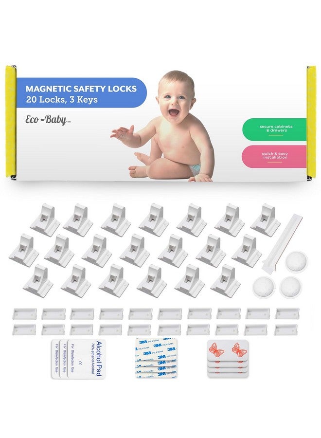 Eco-Baby Magnetic Cabinet Locks for Babies - Keyless, White, 20 Pack and 3 Keys - Image 1