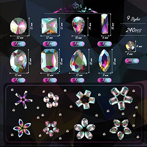 Dilunave 240 Pieces Large Sew on Rhinestones Clear Sew on Glass Crystal Gems Diamond Stone Metal Back Prong Setting Crafts Mix Shapes Claw Rhinestones for Jewelry, Clothes, Shoes, Costume (Clear AB Color) - Image 3
