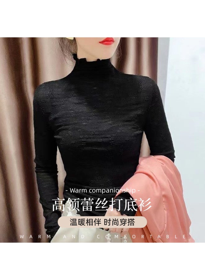 Modal Spring And Summer Lace Base Shirt For Women, High-End Elegant Sense, Ruffle Collar High-Neck Base Layer Long-Sleeve Top For Women - Image 3