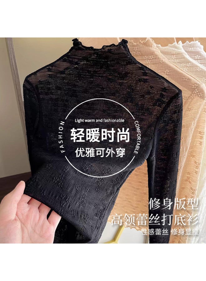 Modal Spring And Summer Lace Base Shirt For Women, High-End Elegant Sense, Ruffle Collar High-Neck Base Layer Long-Sleeve Top For Women - Image 2