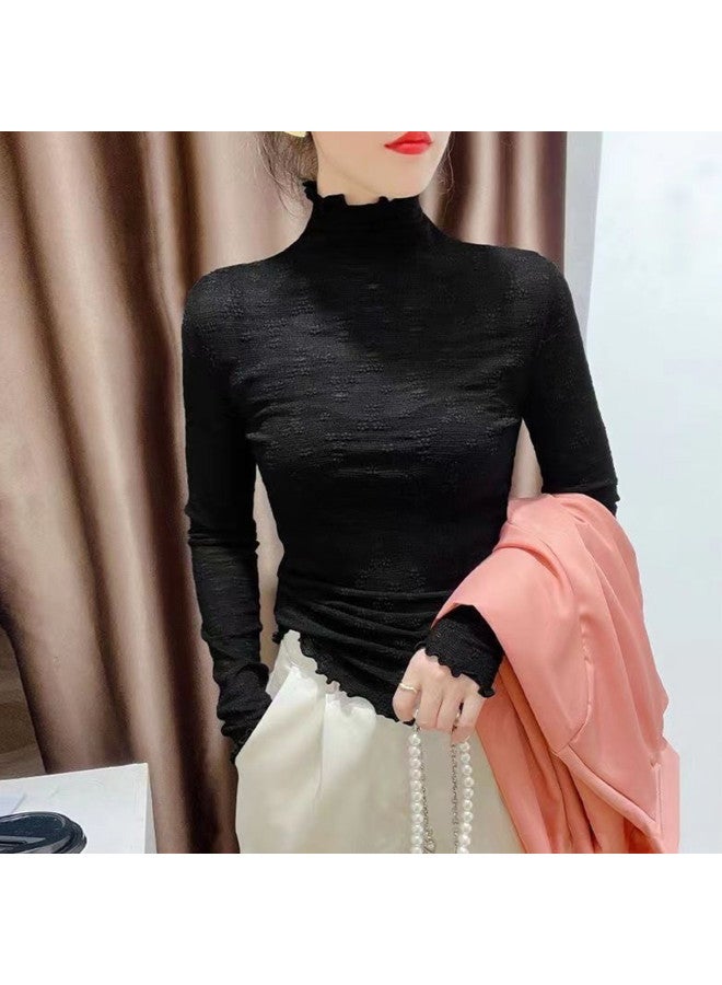 Modal Spring And Summer Lace Base Shirt For Women, High-End Elegant Sense, Ruffle Collar High-Neck Base Layer Long-Sleeve Top For Women - Image 4