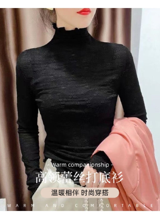 Modal Spring And Summer Lace Base Shirt For Women, High-End Elegant Sense, Ruffle Collar High-Neck Base Layer Long-Sleeve Top For Women - Image 1