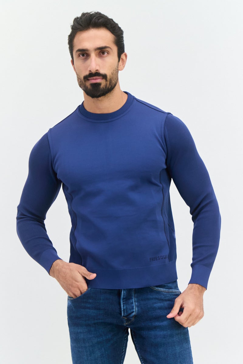 Free Soul Men Crew Neck Brand Logo Long Sleeve Sweatshirt, Navy Blue - Image 1