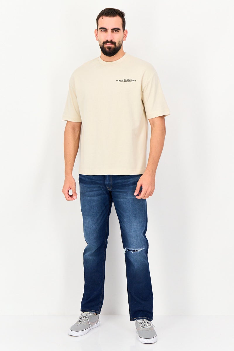 Blank Essentials Men Crew Neck Short Sleeve Graphic Print T-Shirt, Beige - Image 3