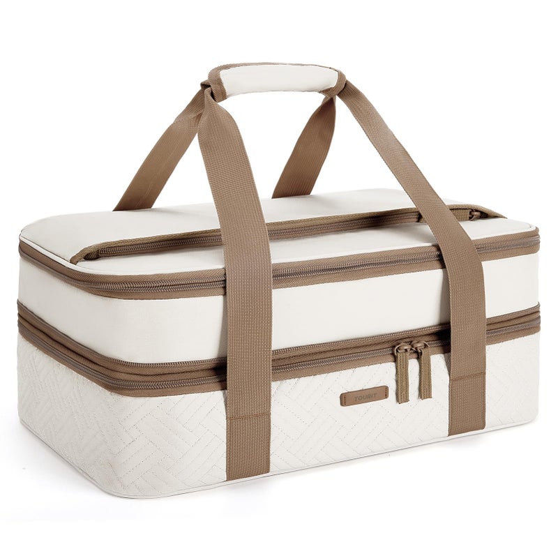 TOURIT Double Decker Insulated Casserole Carrier for Hot or Cold Food Expandable Thermal Food Carrier for Picnic Cookouts Potluck Parties Fits 9 x 13 Baking Dish