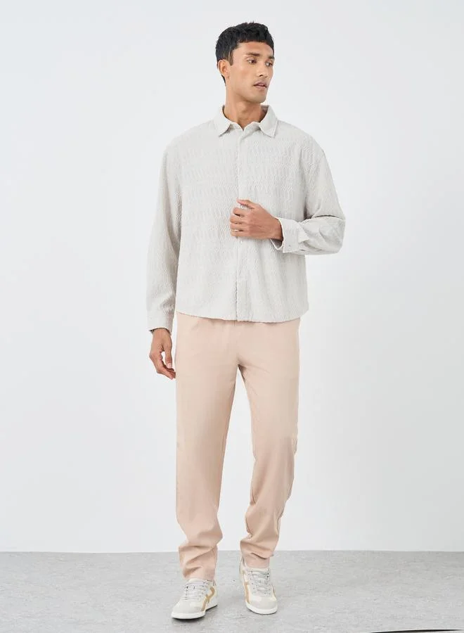 Styli Styli Men Off White Dobby Knit Long Sleeve Oversized Shirt