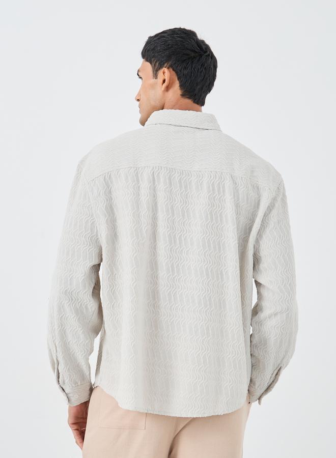 Styli Men Off White Dobby Knit Long Sleeve Oversized Shirt - Image 4
