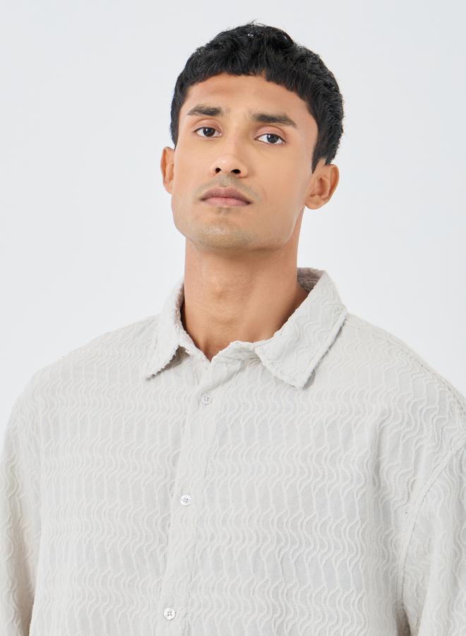 Styli Men Off White Dobby Knit Long Sleeve Oversized Shirt - Image 3