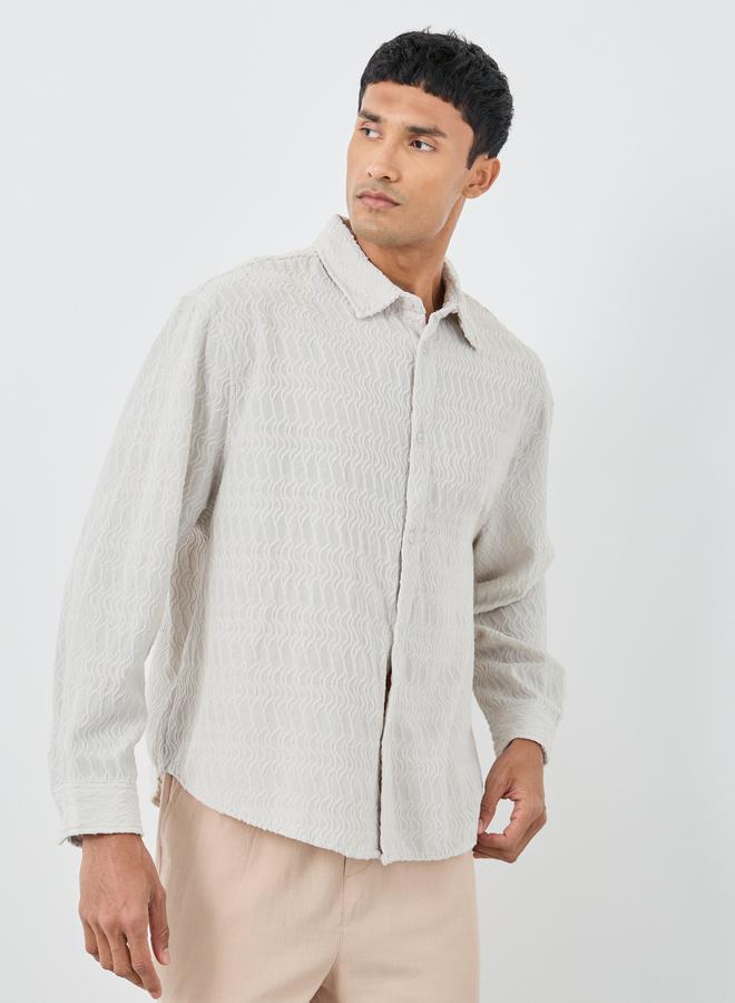 Styli Men Off White Dobby Knit Long Sleeve Oversized Shirt - Image 1