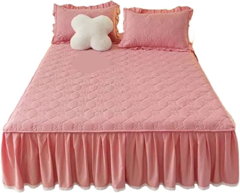 Bed Skirt Lace Border Bed Skirt Mattress Protector Thickened Anti-Slip Queen Double Single Bedspread Full Size Solid ColorNo Pillowcase(Pink,90x200cm) - Image 1