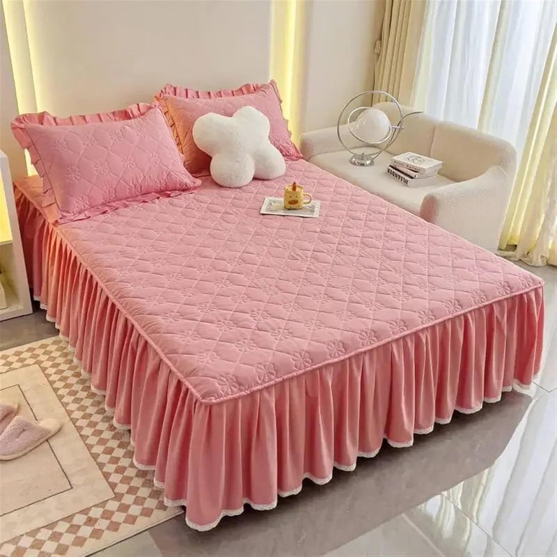 Bed Skirt Lace Border Bed Skirt Mattress Protector Thickened Anti-Slip Queen Double Single Bedspread Full Size Solid ColorNo Pillowcase(Pink,90x200cm) - Image 4