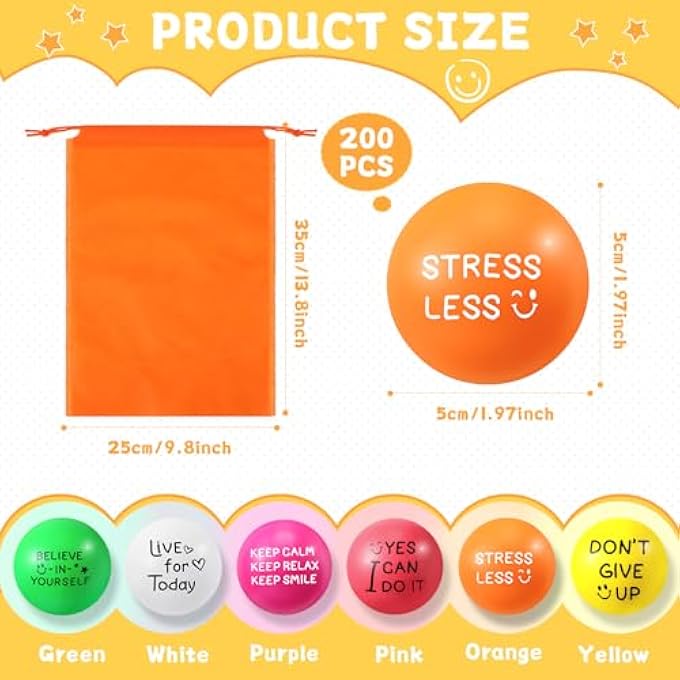 Jenaai 200 Pcs Motivational Stress Balls 1.97 Inch Anxiety Stress Relief Balls Bulk Inspirational Quotes Colorful Foam Balls with a Drawstring Bag for Relief Motivating Encouraging Adults (Multicolor) - Image 3