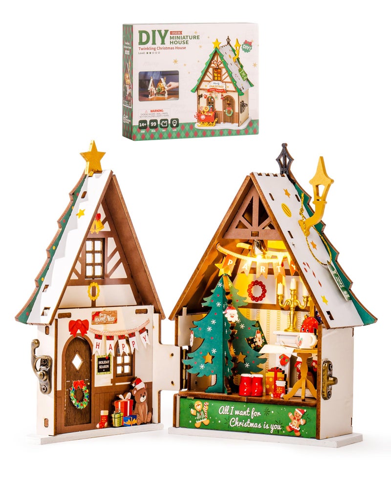 Rowood Miniature House Kit ChristmasMiniature Dollhouse Kits for AdultsMini House Toy Building KitCraft Kits for Women on ChristmasTwinkling Christmas House - Image 3