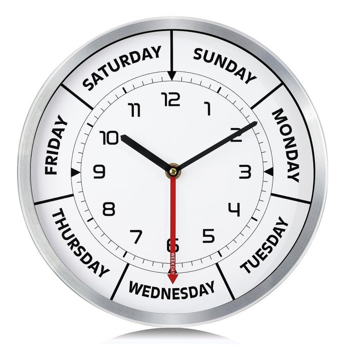 12 INCH SILVER SILENT DAY OF THE WEEK CLOCK FOR LIVING ROOM RETIREMENT DAY CLOCK FOR ELDERLY SENIORS METAL
