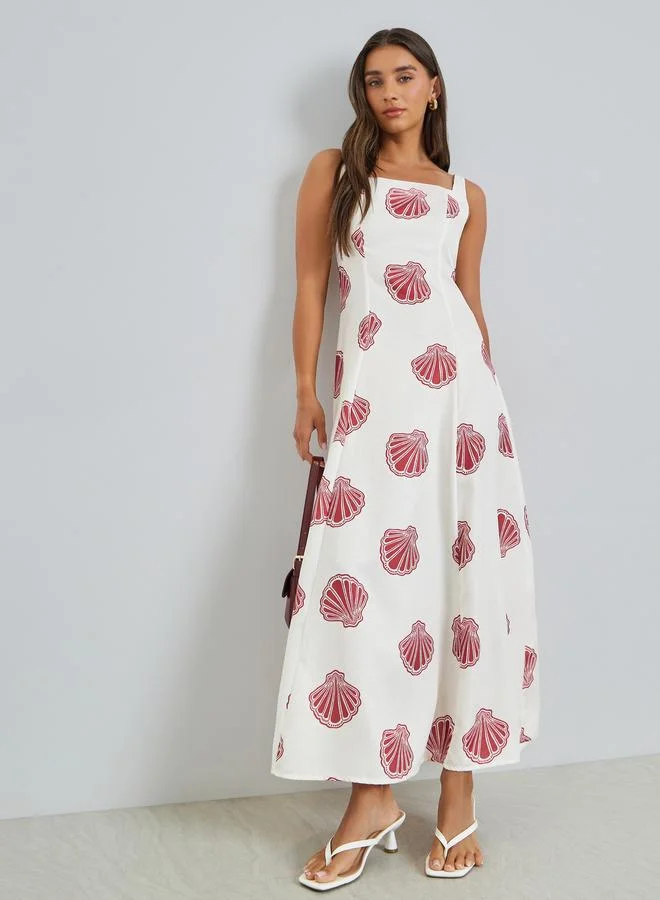 Styli Red Seashell Print A-Line Maxi Dress