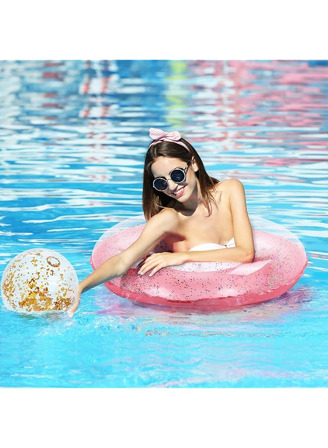 KASTWAVE 6 Packs Inflatable Pool Floats Colorful Sparkling Glitter Swim Rings With Sequined Beach Ball And Pump For Beach Party Supplies - Image 5