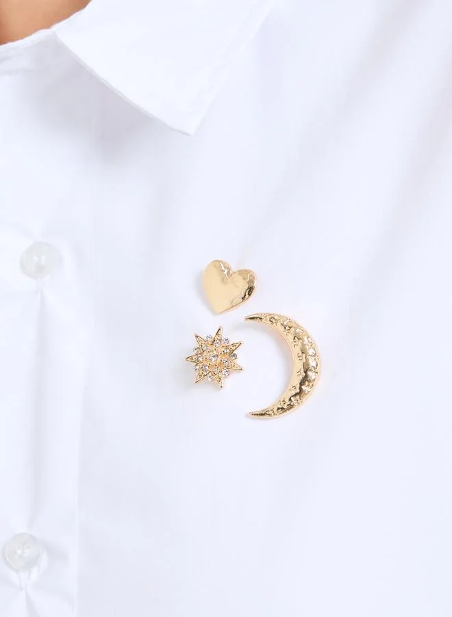 Gold Tone Star, Heart and Crescent Brooch Set