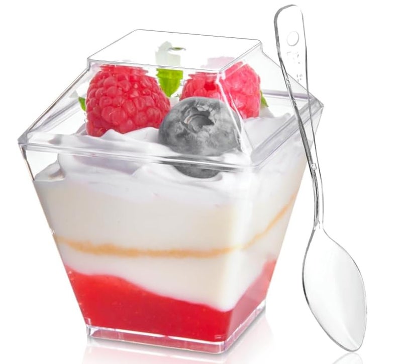 100 Pack 2 oz Mini Dessert Cups with Lids and Spoons Clear Plastic Square Appetizer Cups Parfait Cups Small Tumbler Serving Bowl for Tasting Party Dessert Samples