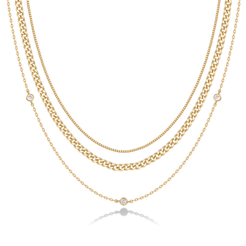PAVOI 14K Gold Plated Dainty Layering Necklaces for Women | Snake Chain, Curb Link, Paperclip Layered Chains | Trendy Layering Necklace (Diamond Station, Yellow Plated) - Image 1