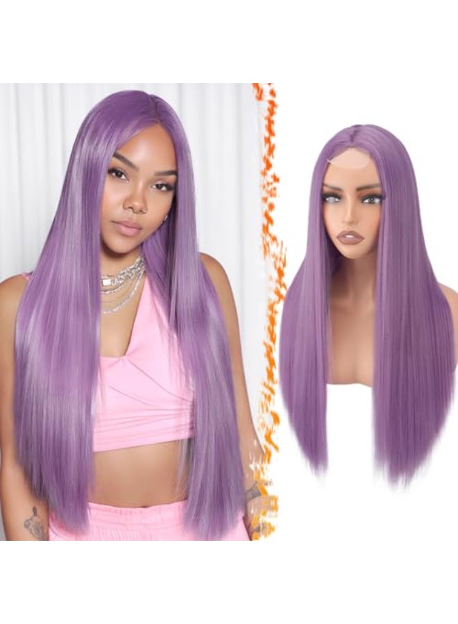 BARSDAR Long Straight Purple Wig Long Straight Middle Part Purple Wigs for Women 28 Inch Natural Looking Thick Soft Synthetic Hair Replacement Wigs Daily Party Halloween Kpop Rumi Wig - Image 1