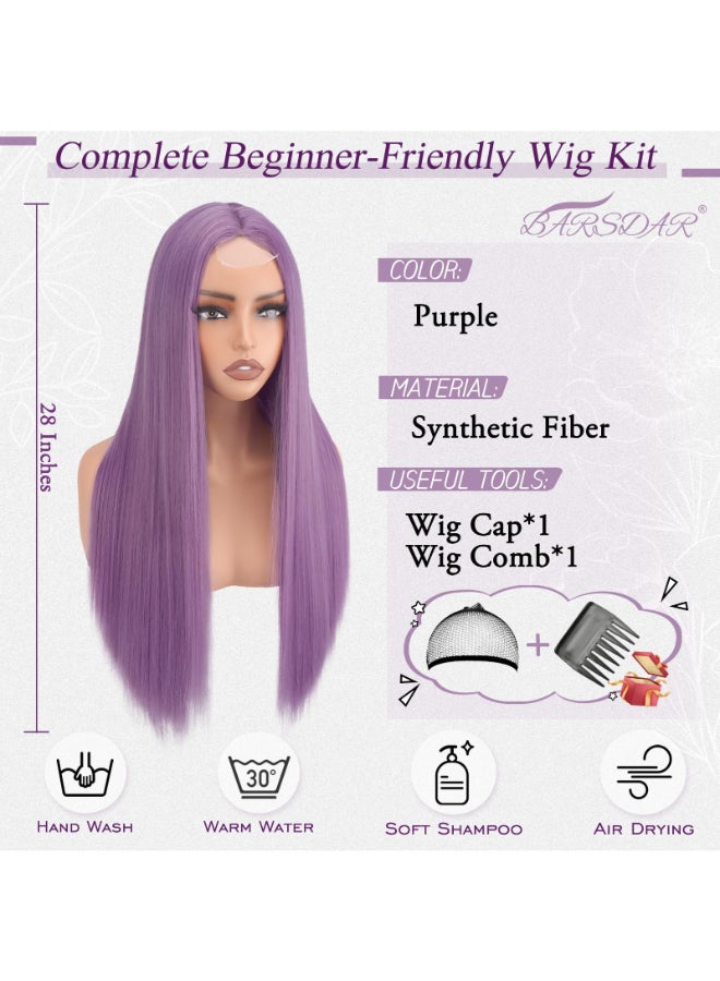 BARSDAR Long Straight Purple Wig Long Straight Middle Part Purple Wigs for Women 28 Inch Natural Looking Thick Soft Synthetic Hair Replacement Wigs Daily Party Halloween Kpop Rumi Wig - Image 4