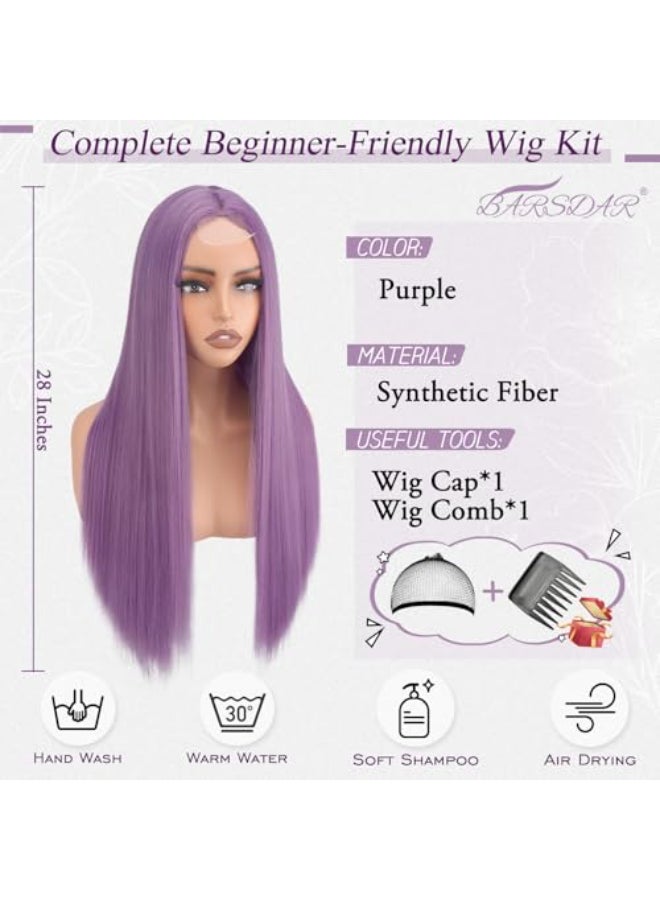 BARSDAR Long Straight Purple Wig Long Straight Middle Part Purple Wigs for Women 28 Inch Natural Looking Thick Soft Synthetic Hair Replacement Wigs Daily Party Halloween Kpop Rumi Wig - Image 3