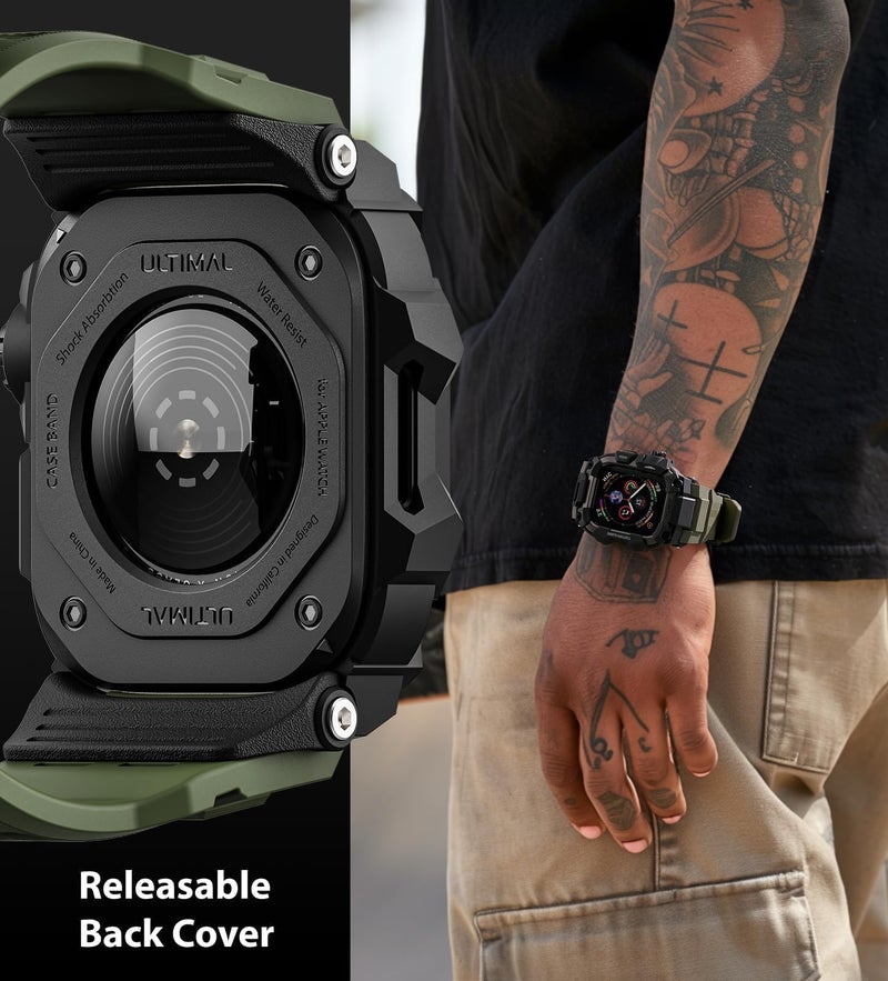 ULTIMAL Rugged Case with Band for Apple Watch Band 45mm,Compatible with Apple Watch Series 9/8/7 45mm,Military Grade Shockproof Bumper Cover for iWatch Tactical Band Men (Army Green, 45mm) - Image 4