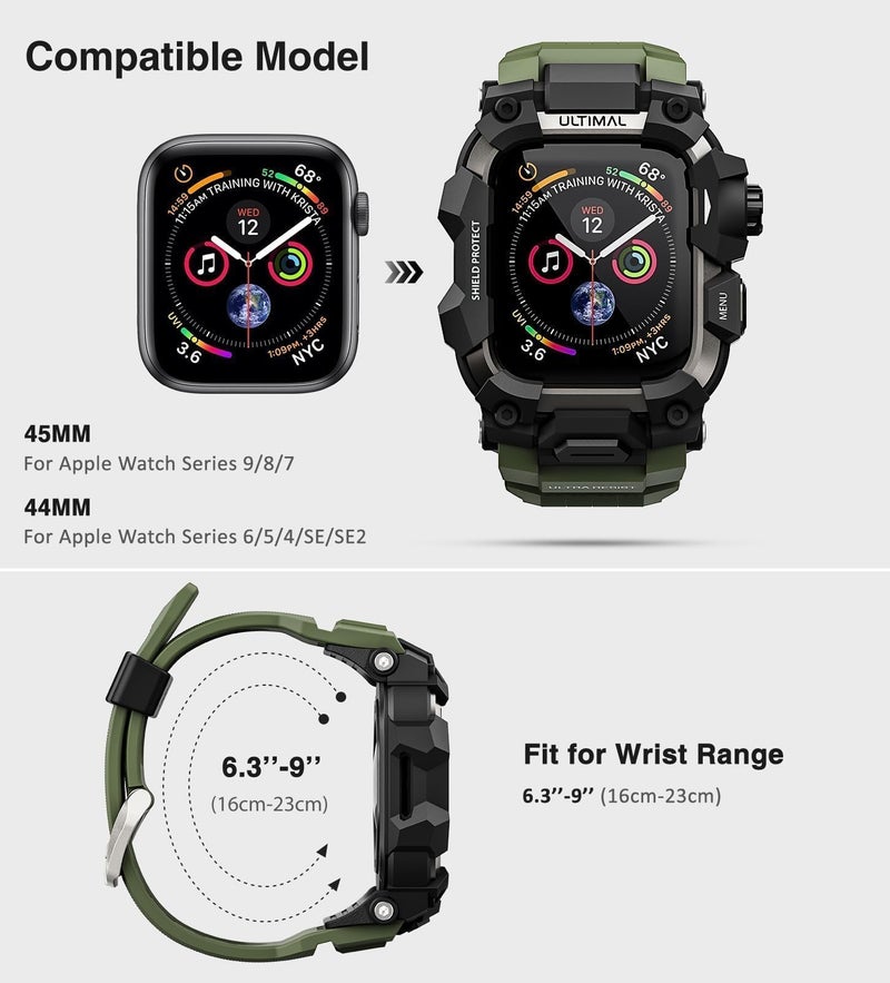 ULTIMAL Rugged Case with Band for Apple Watch Band 45mm,Compatible with Apple Watch Series 9/8/7 45mm,Military Grade Shockproof Bumper Cover for iWatch Tactical Band Men (Army Green, 45mm) - Image 2
