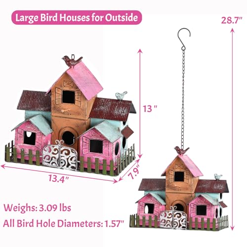 Mocome Large Bird Houses for Outside Hanging Metal Bird Houses for Outside with 5 Compartments for Birds to Nest in Durable Colorful Bird House 10 Hole Birdhouses for Outdoors Hanging - Image 3