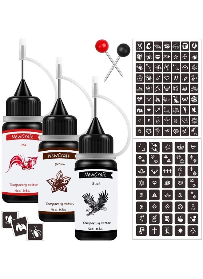 NewCraft - Temporary Art Painting Kit Semi Permanent Tattoo Ink Freehand Gel 103 Pcs Free Stencils, DIY Fake Freckles, Full Kit 3 Bottles - Image 1