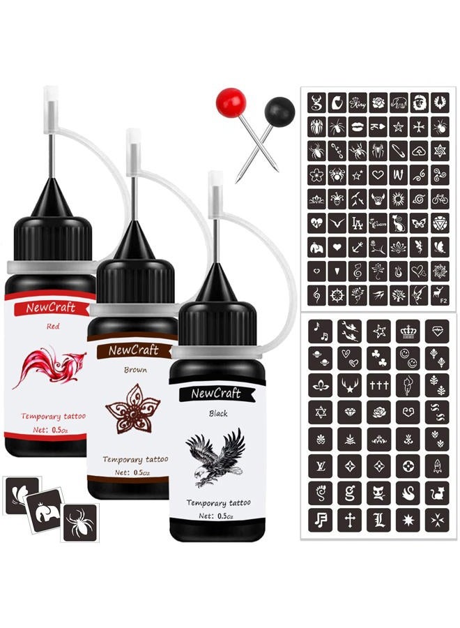 NewCraft Temporary Art Painting Kit Semi Permanent Tattoo Ink Freehand Gel 103 Pcs Free Stencils, DIY Fake Freckles, Full Kit 3 Bottles (Black+Red+Brown) - Image 1