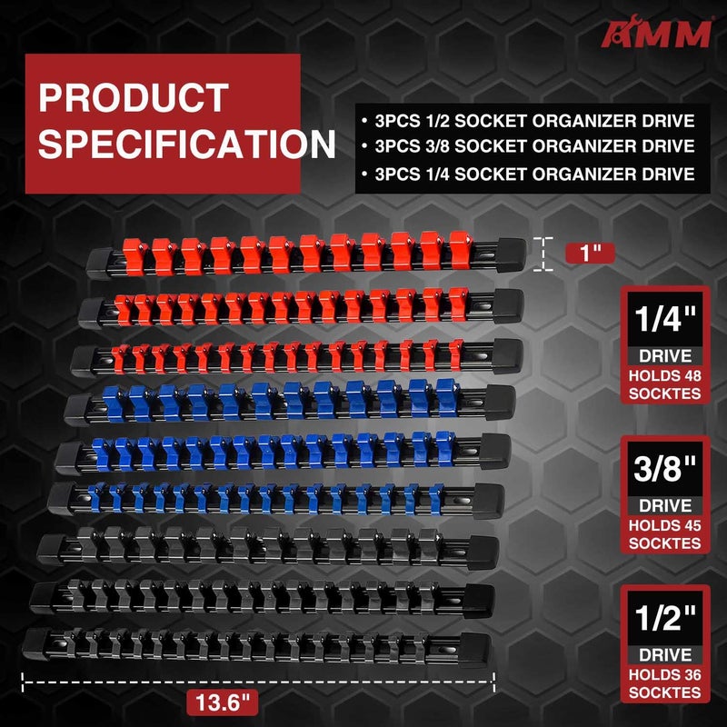 AMM 9-Piece Socket Organizer, 1/2 inch, 3/8 inch and 1/4 inch Drive ABS Tools-Socket Holder,Heavy Duty Socket Racks, Premium Quality Socket Clip Rail Holder,The best tool trays in the garage - Image 2