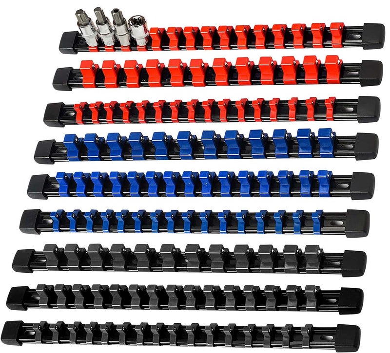 AMM 9-Piece Socket Organizer, 1/2 inch, 3/8 inch and 1/4 inch Drive ABS Tools-Socket Holder,Heavy Duty Socket Racks, Premium Quality Socket Clip Rail Holder,The best tool trays in the garage - Image 1
