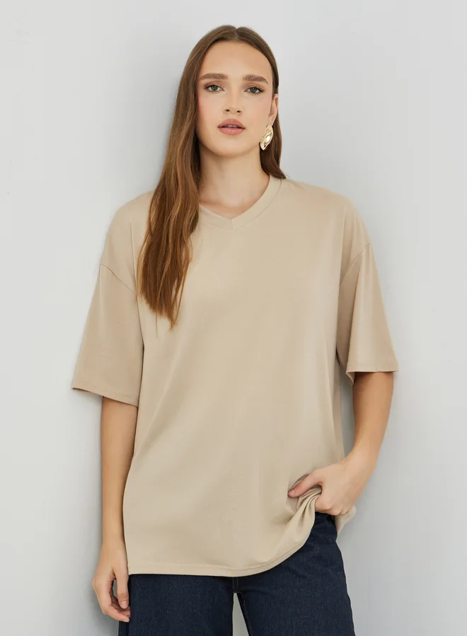 تايك تو Take Two Solid V-Neck Oversized T-Shirt