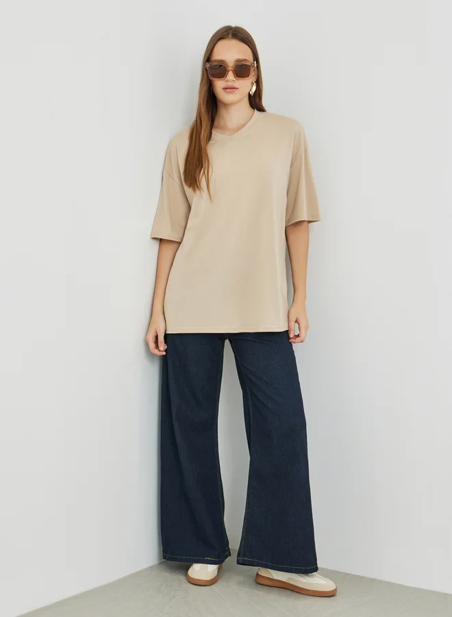 تايك تو Take Two Solid V-Neck Oversized T-Shirt