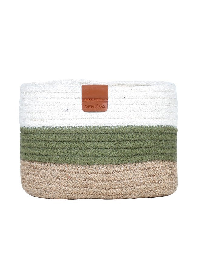 DENOVA Cotton round Organizer, Home & Kitchen Jute/Mini Rope Handwoven Eco-friendly Wicker Multipurpose Storage Shelf Basket for Hamper Gift Toy Books Stationary Pack of 3 (Olive & Natural) - Image 5