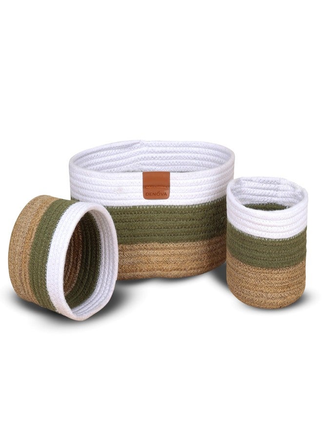 DENOVA Cotton round Organizer, Home & Kitchen Jute/Mini Rope Handwoven Eco-friendly Wicker Multipurpose Storage Shelf Basket for Hamper Gift Toy Books Stationary Pack of 3 (Olive & Natural) - Image 1