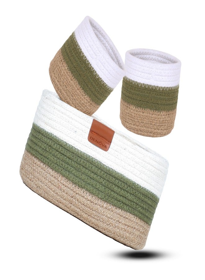 DENOVA Cotton round Organizer, Home & Kitchen Jute/Mini Rope Handwoven Eco-friendly Wicker Multipurpose Storage Shelf Basket for Hamper Gift Toy Books Stationary Pack of 3 (Olive & Natural) - Image 3