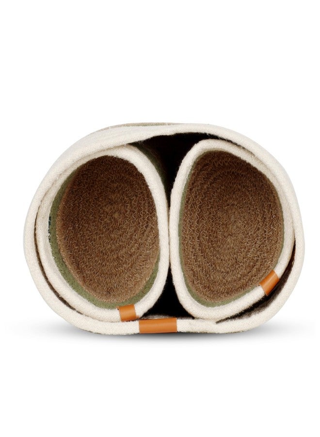 DENOVA Cotton round Organizer, Home & Kitchen Jute/Mini Rope Handwoven Eco-friendly Wicker Multipurpose Storage Shelf Basket for Hamper Gift Toy Books Stationary Pack of 3 (Olive & Natural) - Image 4